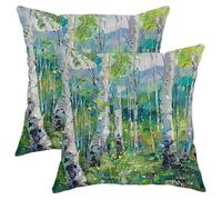 Birch Tree Zippered Throw Pillow Covers Abstract Oil Painting Woodland Forest Landscape Nature Green Yellow White Velvet Decor Washable Cozys Home Office Living Room Square Pillow Covers 16x16inch