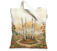 Birch Trees Canvas Tote Bag, Nature-Inspired Artistic Autumn Leaves Pathway Fall Brown Everyday Tote Bags 13x15 Inch, Brown, 13x15 Inch