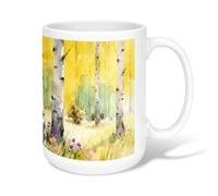 Birch Trees Ceramic Coffee Mug, Nature Watercolor Yellow Background Wildflowers Fall Yellow Novelty Hot Chocolate Mug with Handle Ideal for Friends Family Coworkers Teachers Couples Employees 15 Oz
