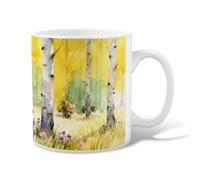 Birch Trees Ceramic Coffee Mug, Nature Watercolor Yellow Background Wildflowers Fall Yellow Novelty Work Drinking Mugs with Handle Ideal for Friends Family Lovers Eldership Senior Co-Worker 11 Oz