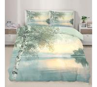 Birch Trees King Duvet Set Lake at Dusk Soft Microfiber Duvet Cover Set Watercolor Landscape Bedding Double Bed Set with 2 Pillowcases, Ultra Comfortable Quilt Cover with Zipper Closure