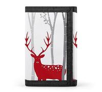 Birch Trees Red Deer Reindeer with Family White Winter Snow Trifold Wallet, Stylish Purse with Keychain, Credit Pass Case Card-Holder for Crash Bills Receipts Women Men 5 x 3.3 x 0.2 Inch