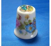 Birchcroft Porcelain China Collectable Thimble - Pink and Blue Floral with Glass Crystal