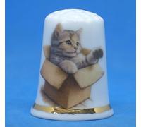 Birchcroft Porcelain China Collectible Thimble - Cat in a Box - with Display Box