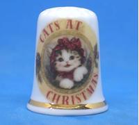 Birchcroft Porcelain China Collectible Thimble - Cats at Christmas - with Display Box