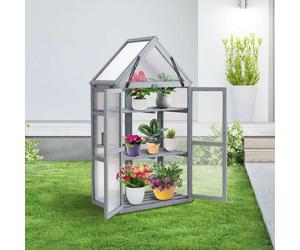 BIRCHTREE 3 Tier Wooden Frame Greenhouse Flower Vegetable Planting Cupboard Grey