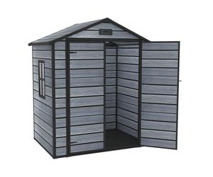 Birchtree 6X4.4Ft Plastic Garden Shed Apex With Floor Window Lockable Door Wood Grain Grey
