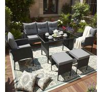 BIRCHTREE 7-Seater Rattan Furniture Set with Glass Top Table Armchairs and Stools Black