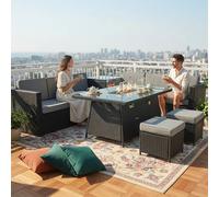BIRCHTREE 8-Seater Rattan Furniture Set with Fire Pit Table and Side Table & Stool Black