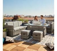 BIRCHTREE 8-Seater Rattan Furniture Set with Fire Pit Table and Side Table & Stool Grey