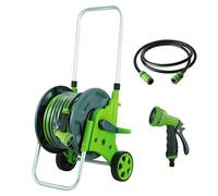 BIRCHTREE Garden Hose Reel Cart with 6 Function Spray Nozzle, Freestanding Wheeled Hose Pipe Reel Trolley, 20M Garden Watering Hose Outdoor Use