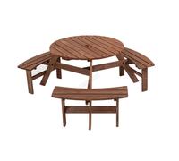 BIRCHTREE Garden Patio Picnic Wooden Round Table Bench Set 6 Seat Outdoor Brown