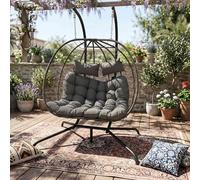 BIRCHTREE Hanging Egg Chair with Thick Cushions and Stand Garden Swing Hammock Chair Indoor Outdoor Sturdy Frame PE Rattan Double for Patio Balcony Grey