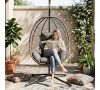 BIRCHTREE Hanging Egg Chair with Thick Cushions and Stand Garden Swing Hammock Chair Indoor Outdoor Sturdy Frame PE Rattan Single for Patio Balcony Grey