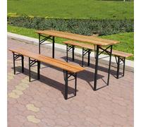 A177-053 BIRCHTREE Outdoor Wooden Folding Beer Table Bench Set - 1 Table + 2 Benches, Steel Legs, Fir Wood, Patio/Garden