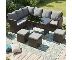 Birchtree Pe Rattan Garden Furniture Set Sofa Chair Foot Stool Table Glass Coffee Table 9 Seater Cushion Outdoor Patio Rfs04 Brown