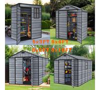BIRCHTREE Plastic Garden Shed Wood Grain Outdoor Tool Storage Box Windows Grey