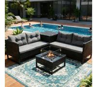 BIRCHTREE Rattan Furniture Set 4-Seater with Fire Pit Table & Side Storage Box Black