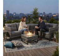 BIRCHTREE Rattan Furniture Set 4-Seater with Fire Pit Table & Side Storage Box Grey