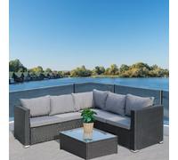 Birchtree Rattan Garden Furniture Set Corner Sofa Glass Table Patio 5 Seaters Black