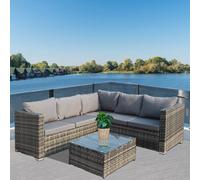 Birchtree Rattan Garden Furniture Set Corner Sofa Glass Table Patio 5 Seaters Grey