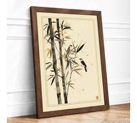 Bird Among Bamboo Japandi Framed Wall Art Print A4 (29.7×21cm) Walnut, Wall Decor for Living Room, Bedroom, Office & Home, Ready to Hang, Art Gift