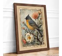 Bird Among Blooms Vintage Framed Wall Art Print A3 Walnut
