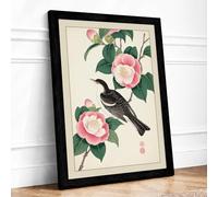 Bird Among Camellias Japandi Framed Wall Art Print A2 Black Frame