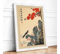 Bird Among Crimson Blossoms Japandi Framed Wall Art Print A3 (42×29.7cm) White, Wall Decor for Living Room, Bedroom, Office & Home, Ready to Hang, Art Gift