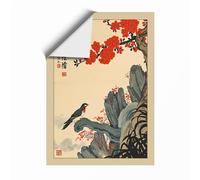 Bird Among Crimson Blossoms Japandi Unframed Wall Art Print A1 (84.1×59.4cm), Wall Decor for Living Room, Bedroom, Office & Home, Art Gift