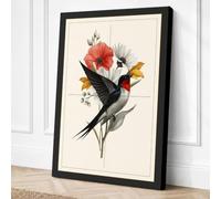 Bird Among Flowers Botanical Canvas Wall Art Print 18x12 Inch (46 x 30 cm)