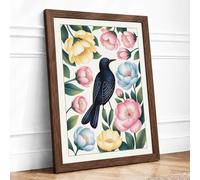 Bird Among Flowers Botanical Framed Wall Art Print A3 Walnut | Ready to Hang, Premium Gi Paper, Fade-Resistant Inks, Securely Packaged, UK Made