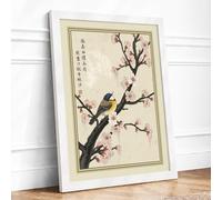 Bird Among Spring Blossoms Japandi Framed Wall Art Print A3 White