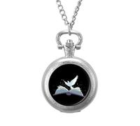 Bird and Book Vintage Pocket Watch with Chain Classic Numerals White Dial