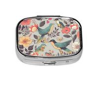 Bird and Flower Pattern Print Pill Box Square Pill Case 2 Compartment Small Metal Medicine Organizer Portable Travel Pillbox for Pocket Purse Cute Mini Pill Container to Hold Daily Vitamins