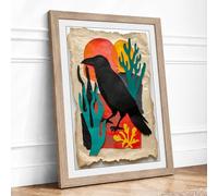 Bird at Desert Sunset Southwestern Framed Wall Art Print A4 (29.7×21cm) Oak, Wall Decor for Living Room, Bedroom, Office & Home, Ready to Hang, Art Gift