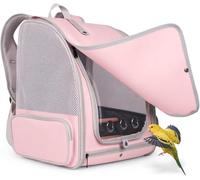 Bird Backpack Carrier Cage with Front Zipper Opening, Standing Perches and Metal Tray, Portable Travel Bag for Parakeet, Budgie, Conure, Cockatiel, Parrot (Pink)