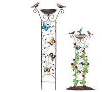 Bird Bath with Garden Trellis 2-in-1 Metal Water Feeder Decorative Butterfly Detachable Free Standing Dispenser Retro for Outdoor Docorations ButterflyBath