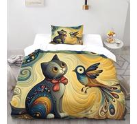 Bird Black Cat Bedding Set Duvet Bedding Set 2 Pcs with Pillowcase 3D Print Cute Animals Soft Lightweight Quilt Cover with Zipper for Boys & Girls Single(135x200cm)