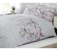 bird blossom floral duvet quilt cover bedding set grey pink & duck egg blue