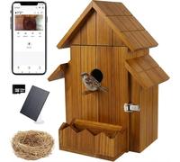 Bird Box with Camera Solar Powered, 1080p HD Bird Houses for Outside with Nest Auto Capture Photo & Video, 2.4G WiFi & App Notify Wooden Birdhouse(Dark)