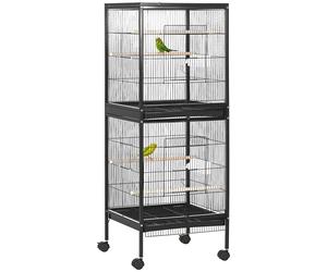 Bird Cage 140x51.5x50cm Black Steel & Wood Large 2-Tier Aviary on Wheels w/Trays