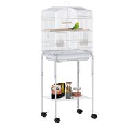 Bird Cage White Powder-Coated Metal Stand 124cm Tall Wheels Storage Basket2Perch
