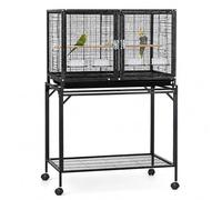 Bird Cage with Storage Layer, Large Rolling Parrot Cage with Slide-Out Tray, Wrought Iron Flight Cage for Budgies, Cockatiels, Parakeets, Canaries and Finches black