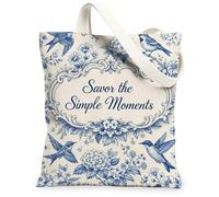 Bird Canvas Tote Bag for Women, Vintage Classic Flower Leaf N/a Blue Washable Reusable Aesthetic Tote Bags for Shopping Brunch Park Library Day Trips 13x15 Inch