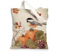 Bird Canvas Tote Bags, Vintage Autumn Design Reusable Grocery Bags, Lightweight Washable Shoulder Strap Canvas Bags for Sho, Beige, 13x15 Inch
