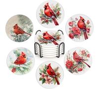 Bird Cardinal 6Pack Ceramic Drink Coasters,Quick-Absorb Stone Coasters with Anti-Slip Cork Backing & Metal Holder, Table Protectors for Kitchen Bar