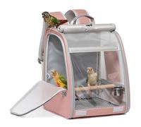 Bird Carrier Backpack, Portable Travel Bird Cage with Standing Perch, 2 Feeder Cups, Iron Mesh Stand & Removable Tray Lightweight, Breathable Mesh Window for Parrot Carrier,Easy Clean (Pink)