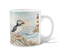 Bird Ceramic Coffee Mug, Coastal Nature Lighthouse Seashell Summer Blue Novelty Office Drinking Cup with Handle Ideal for Friendship Family Colleague Staff Sweetheart Teachers 11 Oz