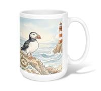 Bird Ceramic Coffee Mug, Coastal Nature Lighthouse Seashell Summer Blue Novelty Work Drinking Mugs with Handle Ideal for Friends Family Co-Worker Lovers Eldership Senior 15 Oz